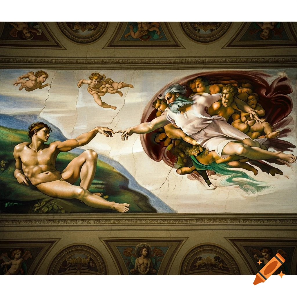 Michelangelo's The Creation of Adam fresco, depicting God reaching out to touch a reclining Adam amidst cherubs.