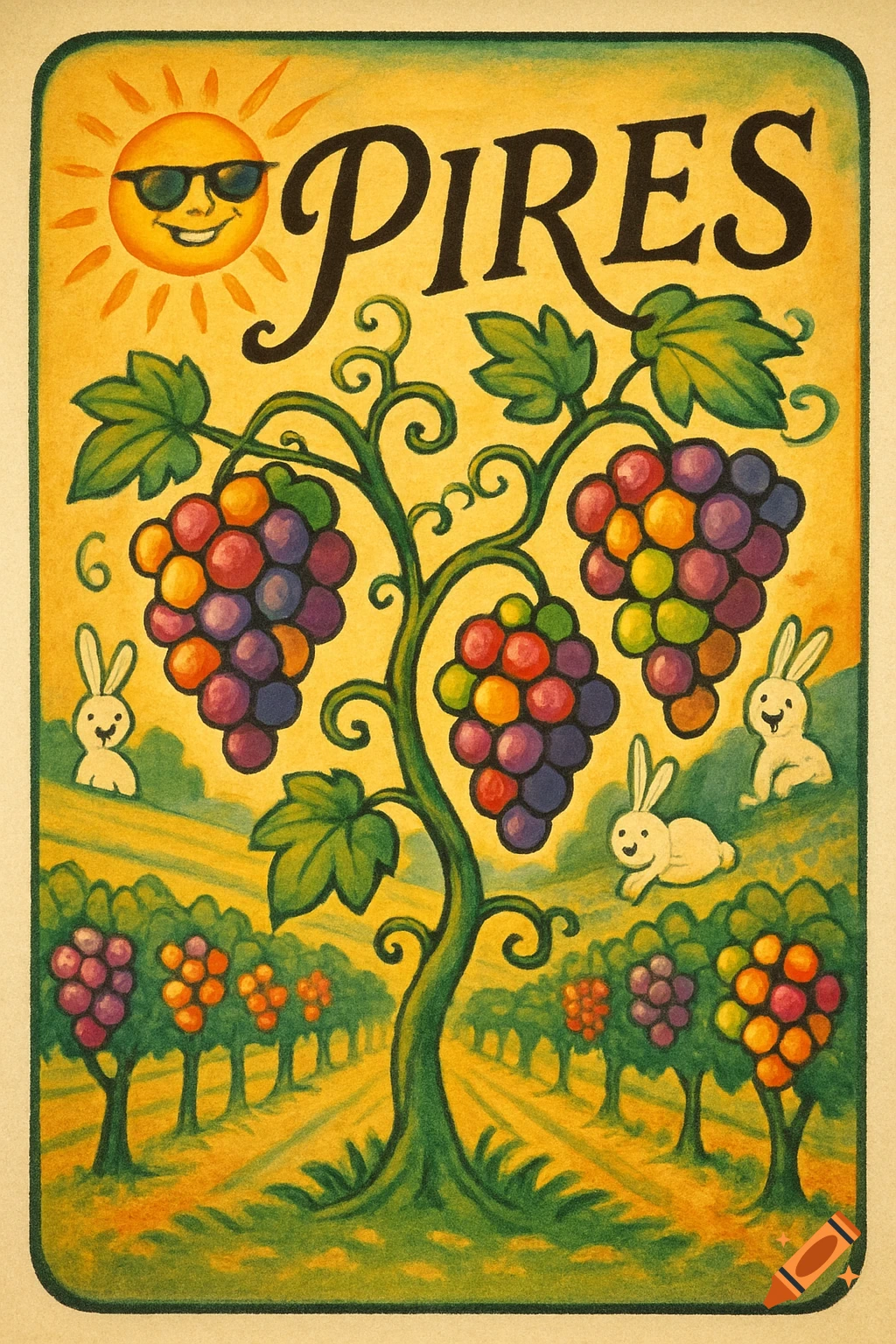 A vibrant, cartoonish wine label with 'PIRES' text, a smiling sun in sunglasses, a grape vine with colorful fruit, and three white bunnies in a vineyard.