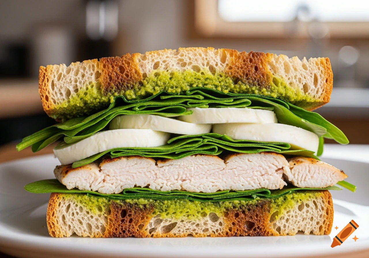 Close-up photorealistic image of a chicken, mozzarella, and spinach sandwich with pesto on sourdough bread.