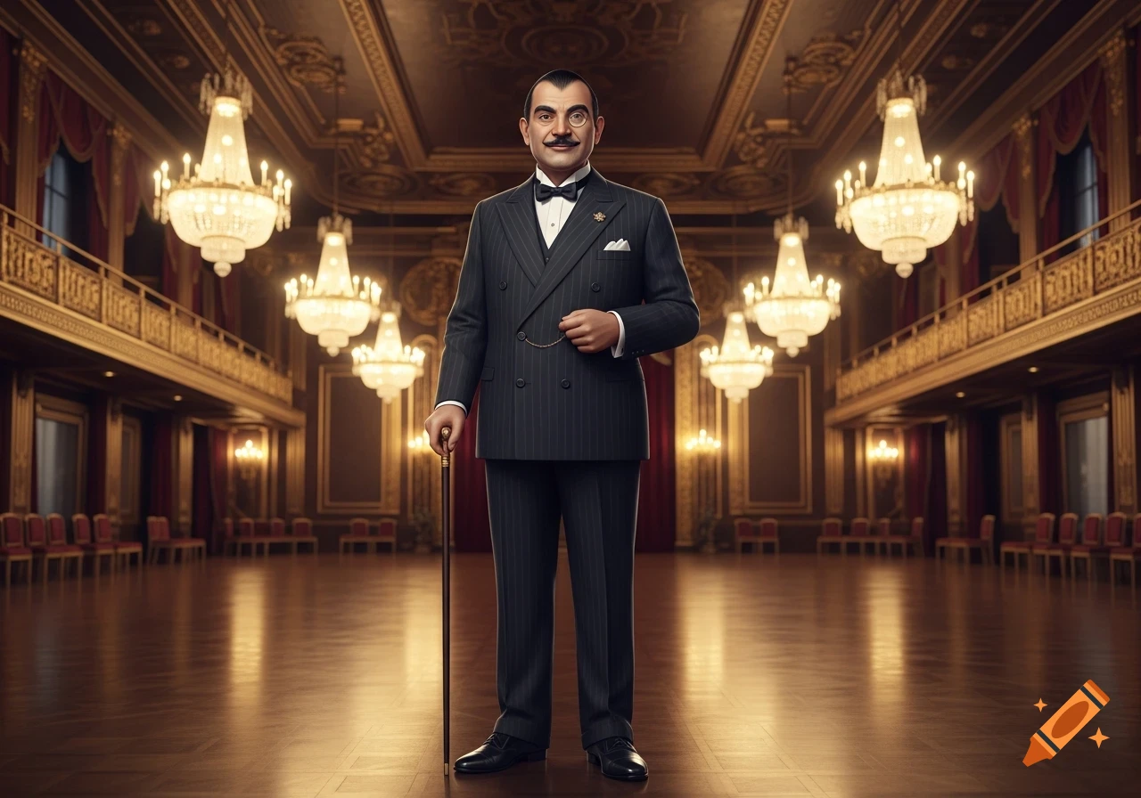 A man resembling Hercule Poirot, in a pinstripe suit, bowtie, and monocle, stands in a grand, opulent ballroom, holding a cane.