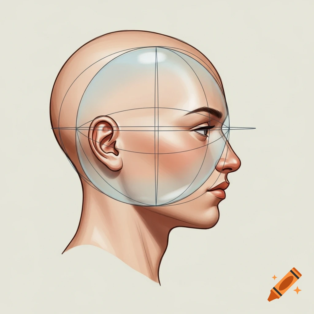 A profile drawing of a human head with a transparent sphere and geometric lines illustrating the Loomis method.