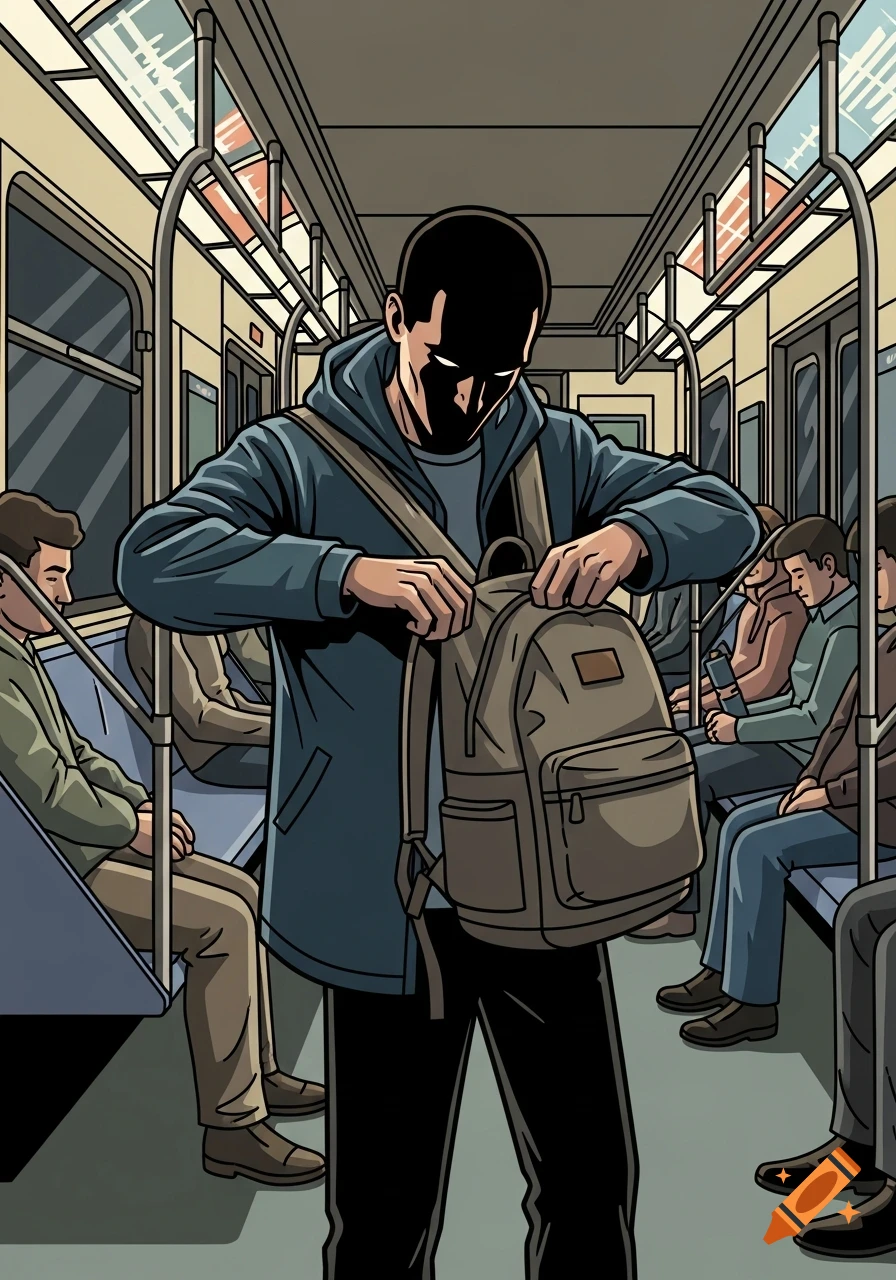 A person with a shadowed face stands in a subway car, opening a backpack, in a graphic novel style.