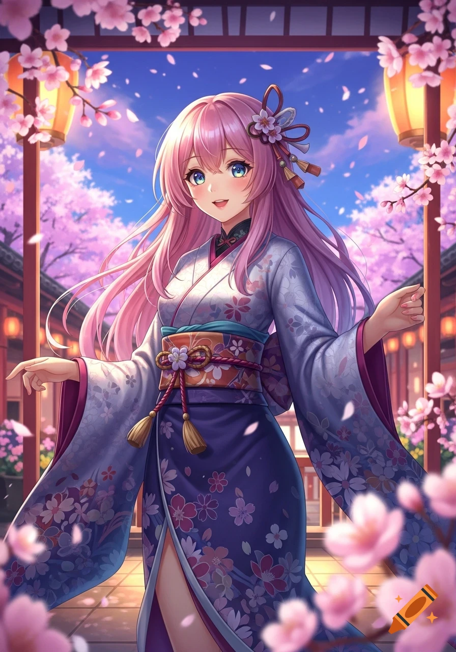 An anime girl with long pink hair and blue eyes, smiling while wearing an ornate white and purple floral kimono under blooming cherry trees with lanterns.