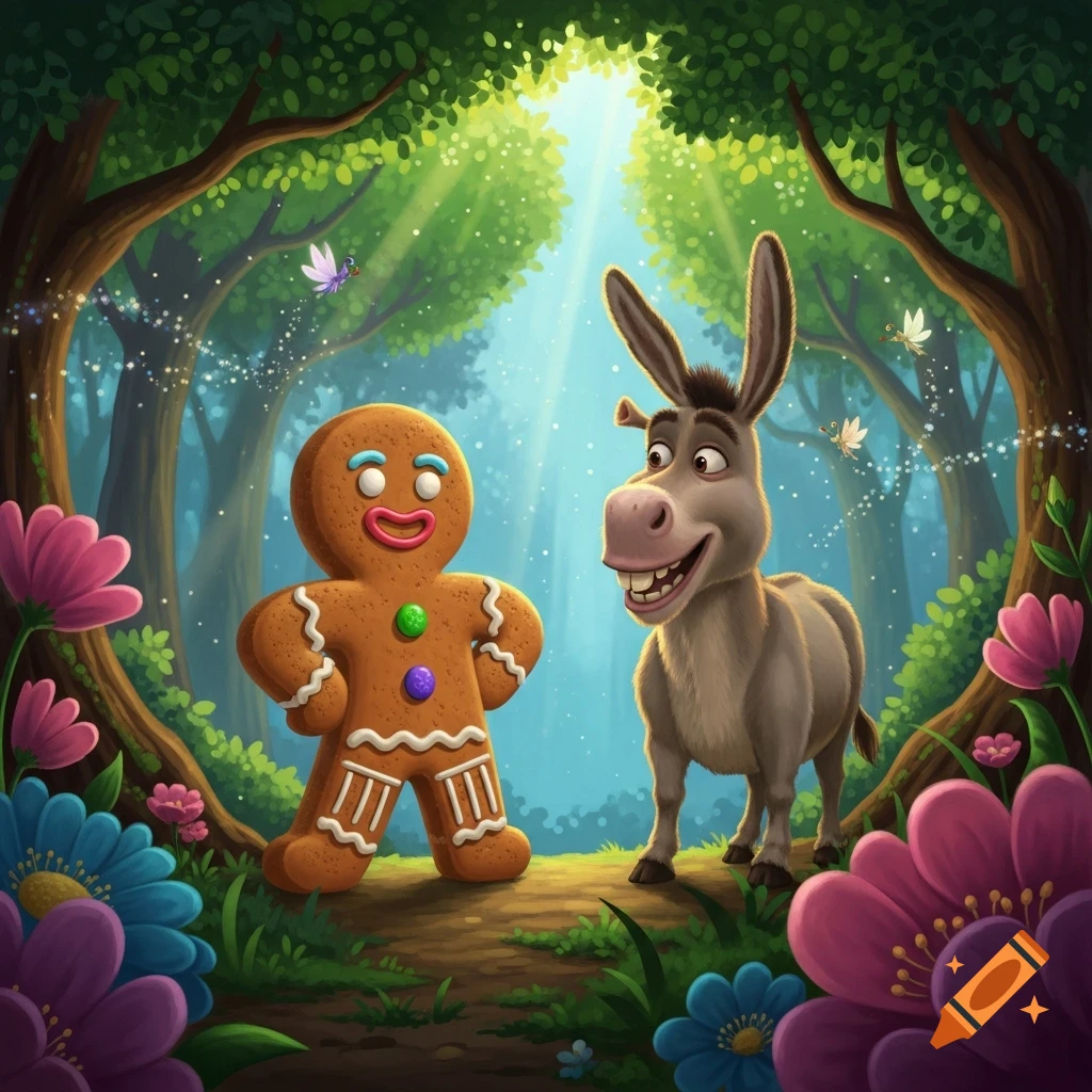 Cartoon Gingerbread Man and Donkey from Shrek in a vibrant, sunny forest with colorful flowers.