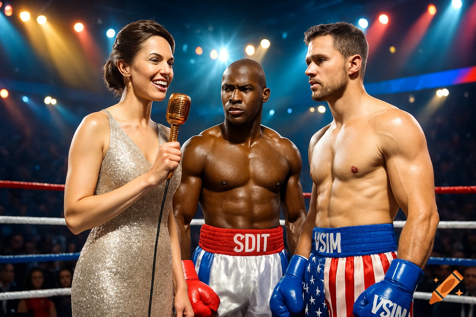 A female ring announcer with a microphone stands between two shirtless male boxers in a brightly lit boxing ring.