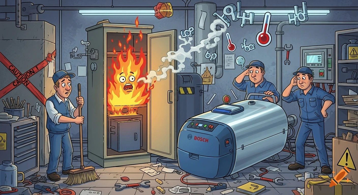 A cartoon image of a chaotic workshop with a broom cupboard on fire. A worker with a broom looks puzzled while two technicians look distressed at a large Bosch machine.