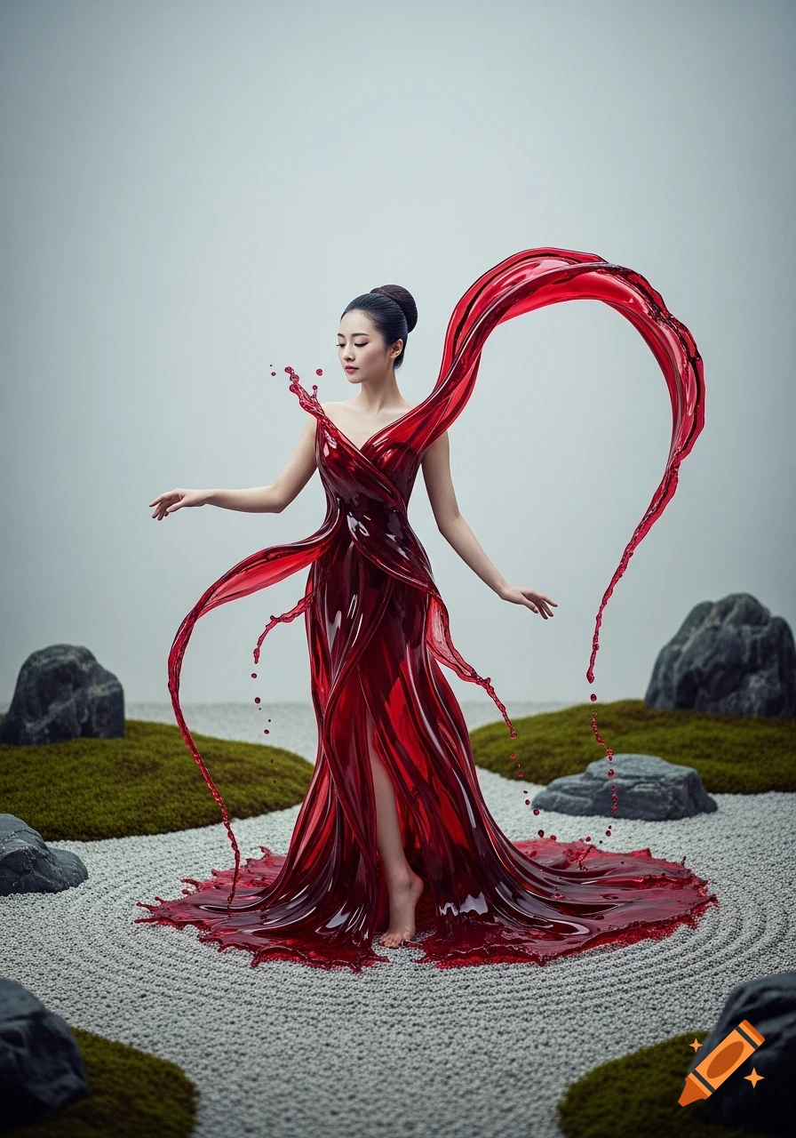 A Japanese woman in a flowing red wine dress stands in a raked zen garden, with mossy rocks around her.