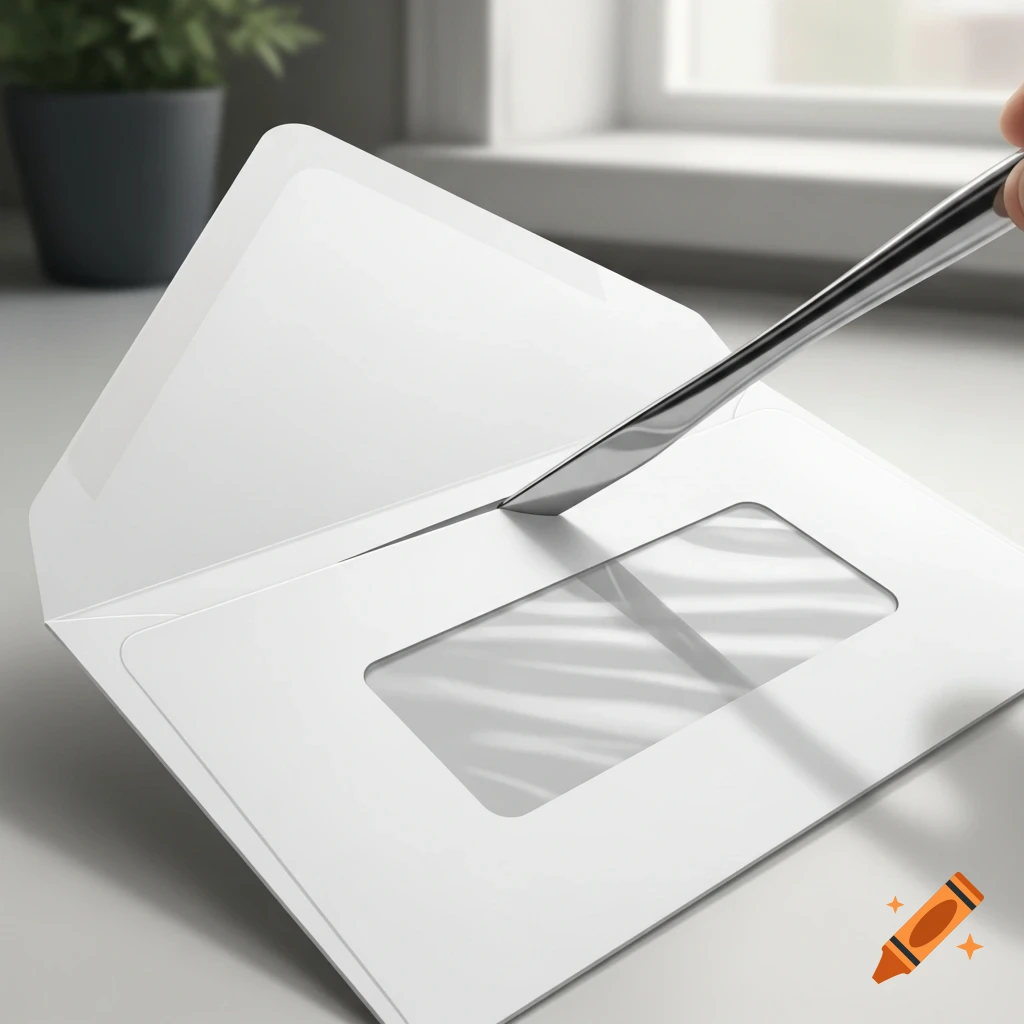 A hand uses a silver letter opener to open a white A4 envelope with a clear window on a desk.