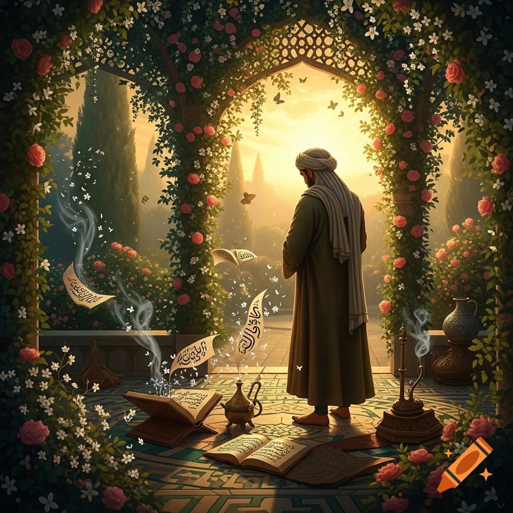 A man in traditional robes stands in a glowing, rose-filled garden with floating mystical scrolls and open books, in a spiritual fantasy style.