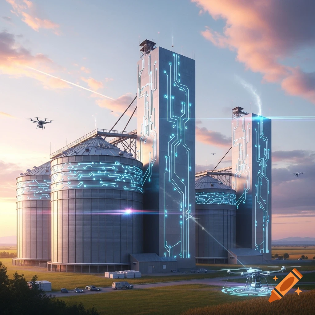Photorealistic image of futuristic grain silos and towers with glowing ...