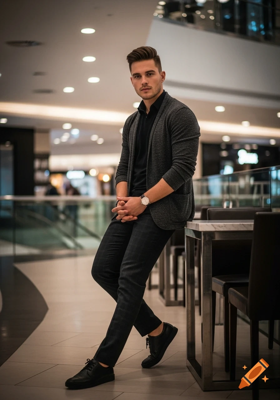 A stylish young man in a black polo and grey cardigan leans casually on a table in a modern luxury mall cafe, looking at the camera.