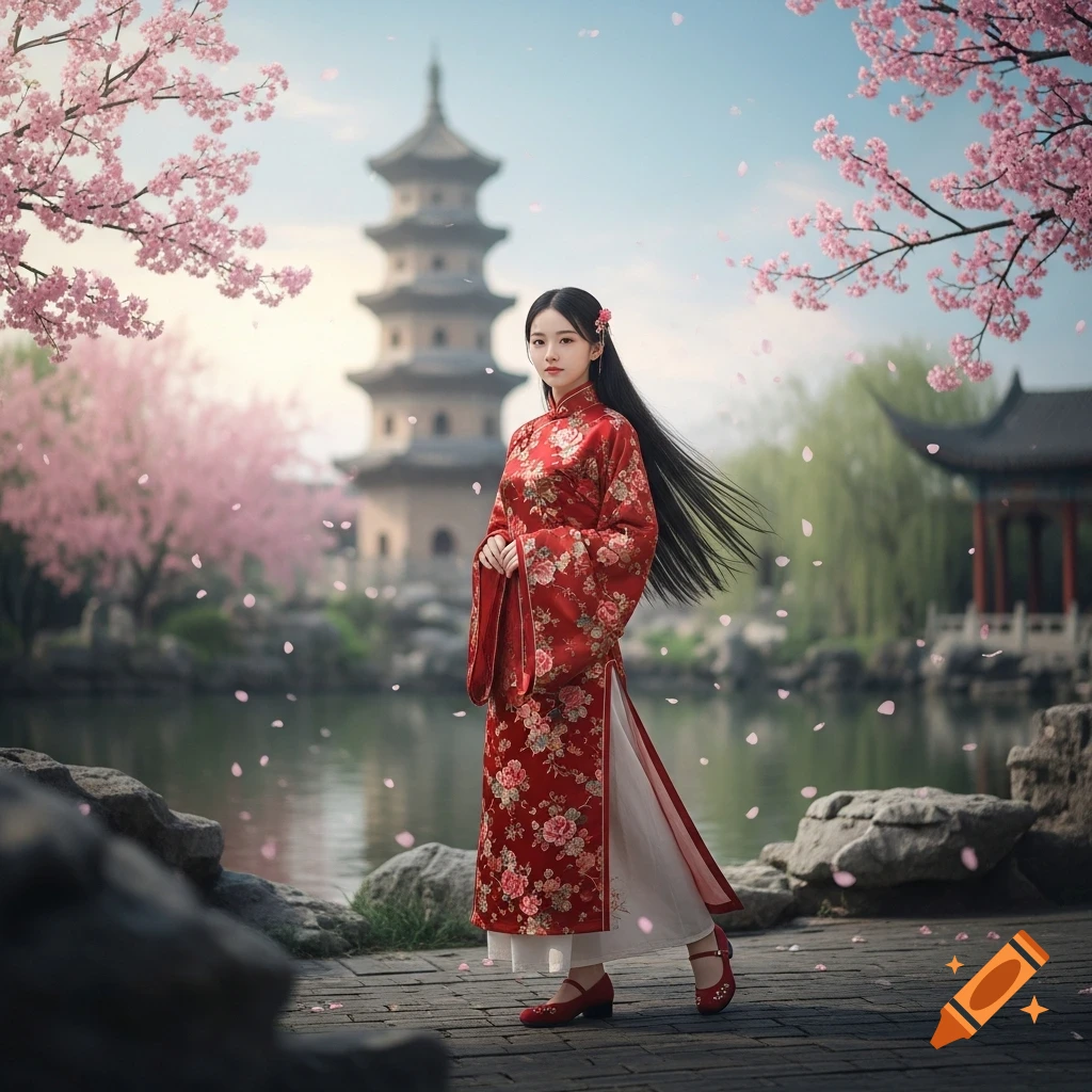 A young woman in a red floral traditional Chinese dress stands by a pond with a pagoda and cherry blossoms.