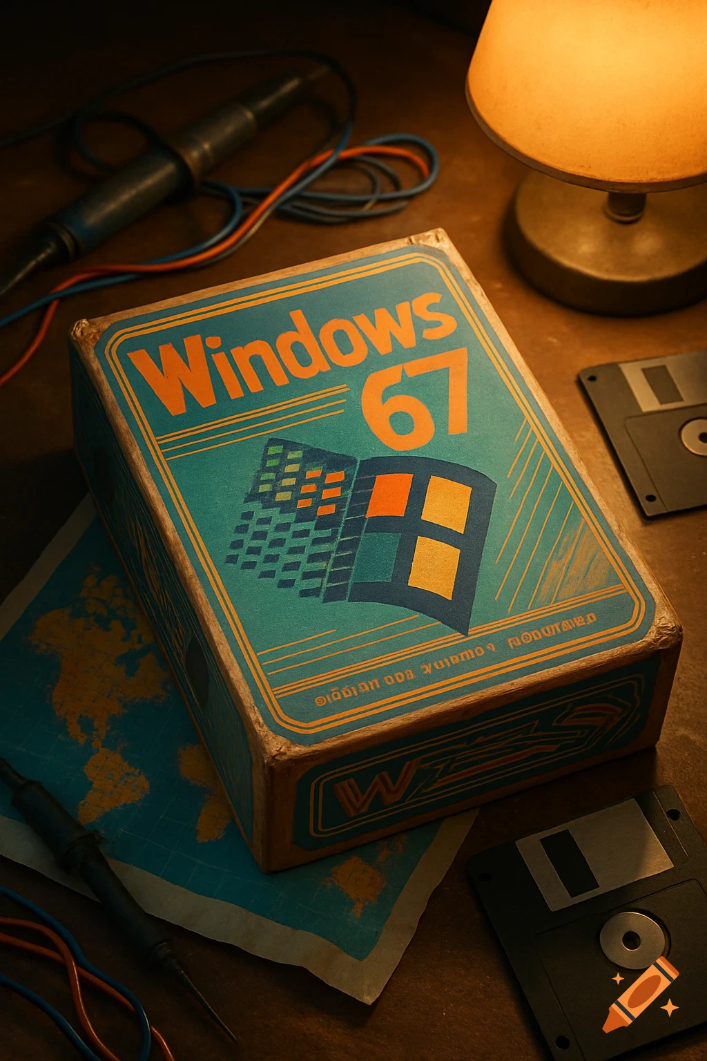A vintage-style box for 'Windows 67' with retro computer graphics, surrounded by floppy disks, a soldering iron, and a lamp on a wooden desk.