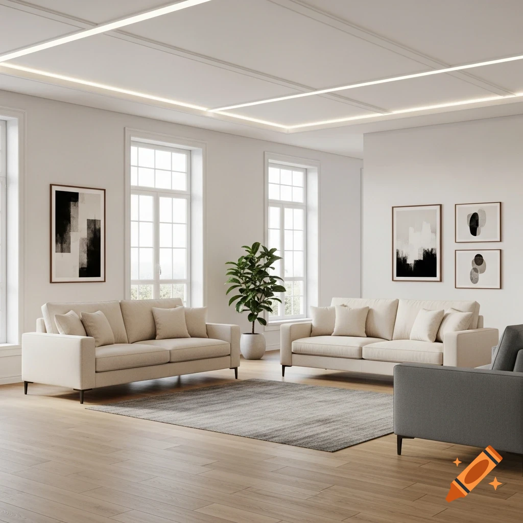 A photorealistic modern living room with two cream sofas, a gray sofa, a large patterned rug, windows, abstract art, and a plant.