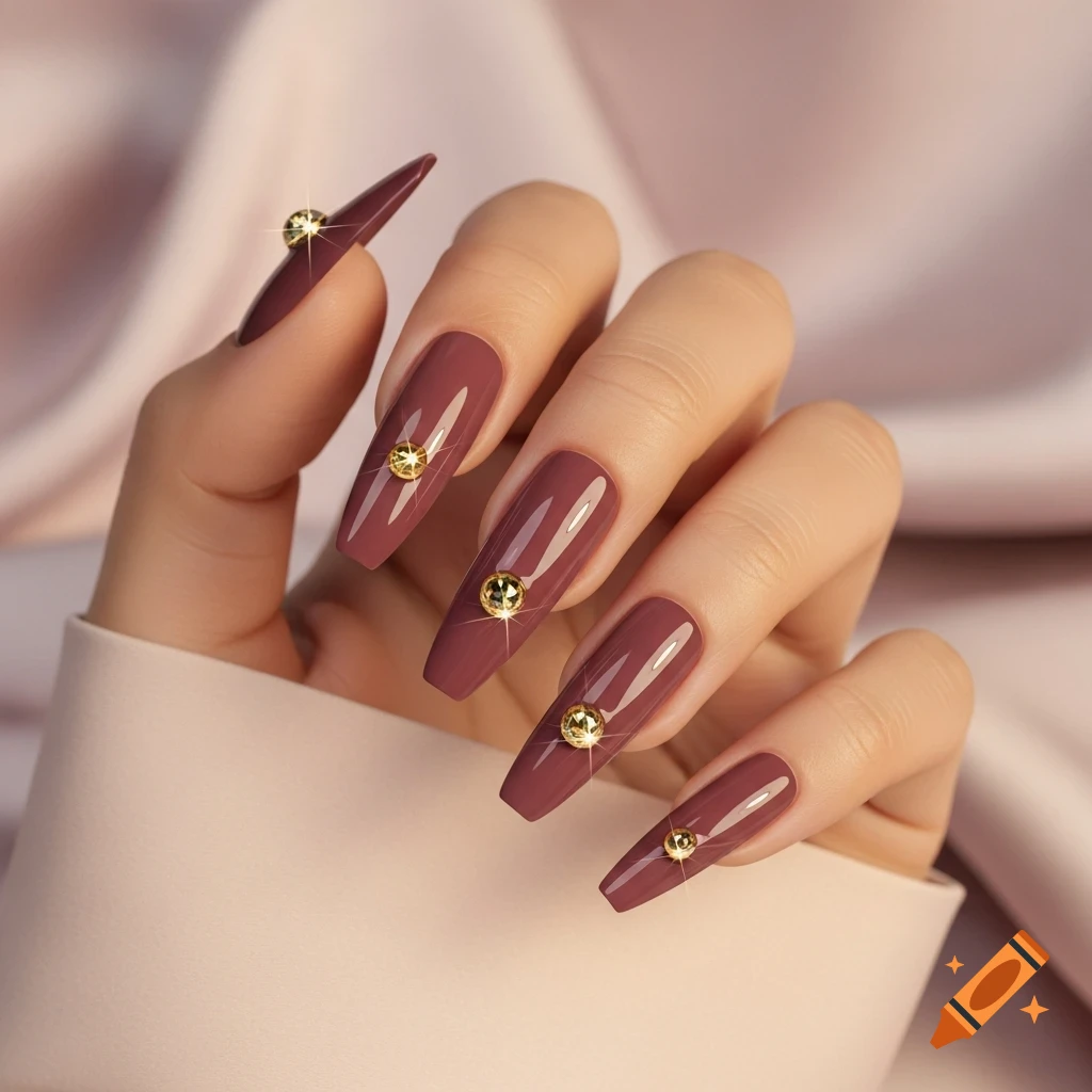 A woman's hand with long, coffin-shaped, matte dusty rose gel nails, each adorned with a sparkling golden bead against a light pink background.