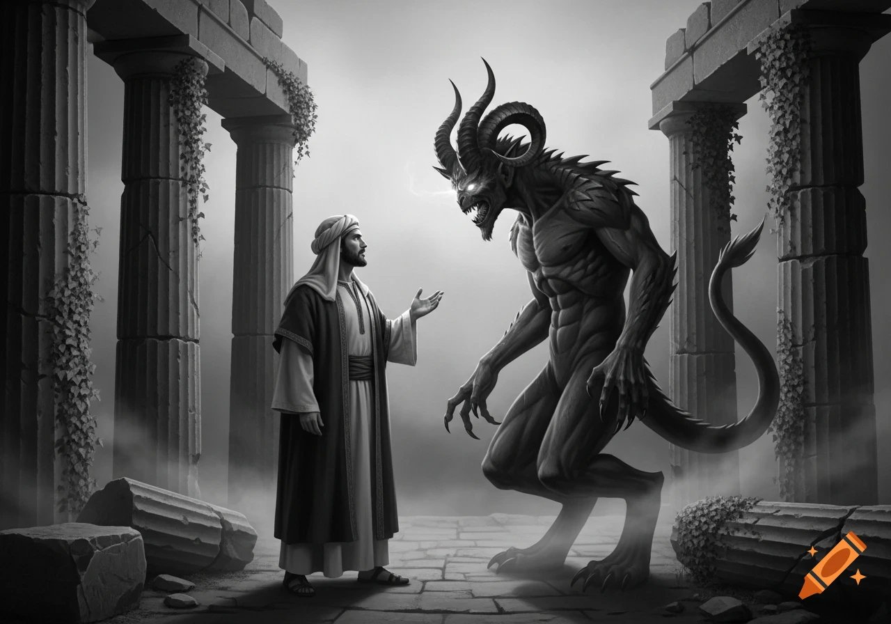 A man in ancient robes confronts a horned demon amidst ruined columns, rendered in a grayscale, 1950s photo style.