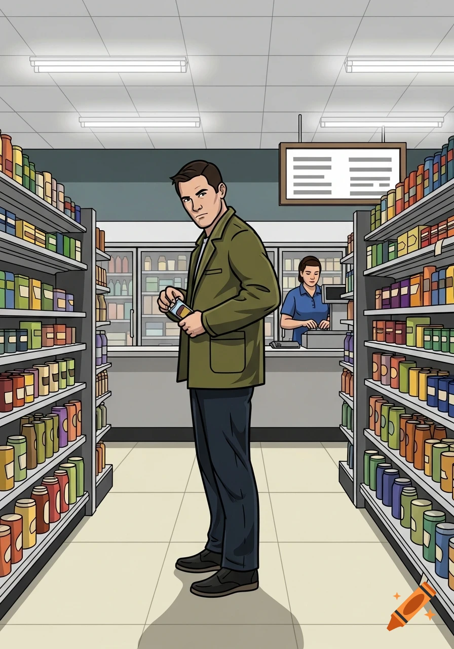 A man in a green jacket shoplifts in a cartoon-style convenience store while a cashier works in the background.