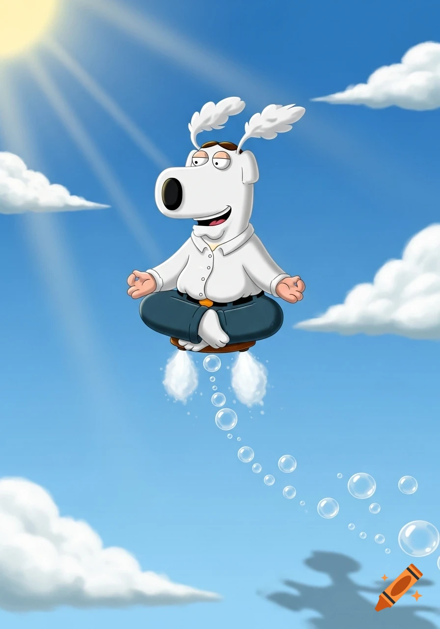Brian Griffin from Family Guy levitates in a blue sky, meditating with crossed legs, propelled by white plumes and bubbles.