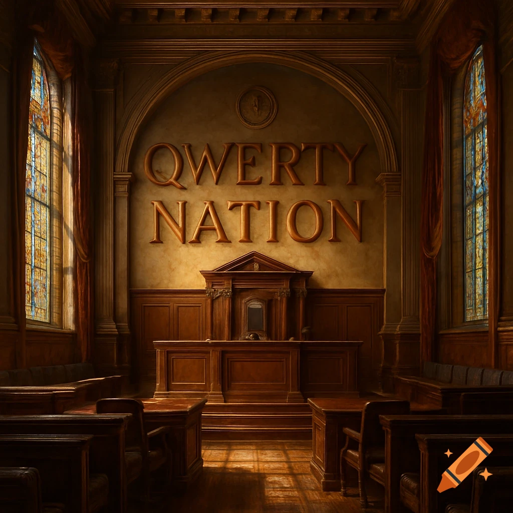 A grand courtroom interior with wooden paneling, stained-glass windows, and 'QWERTY NATION' embossed on the back wall.