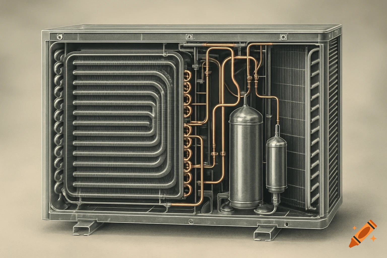 Detailed cutaway view of an air conditioning unit, revealing internal components like copper pipes, cooling coils, and tanks.