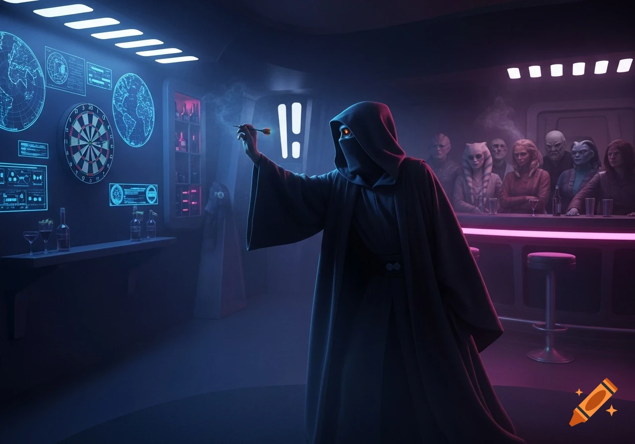 A hooded, robed figure, inspired by Star Wars, plays darts in a neon-lit futuristic bar with alien patrons.