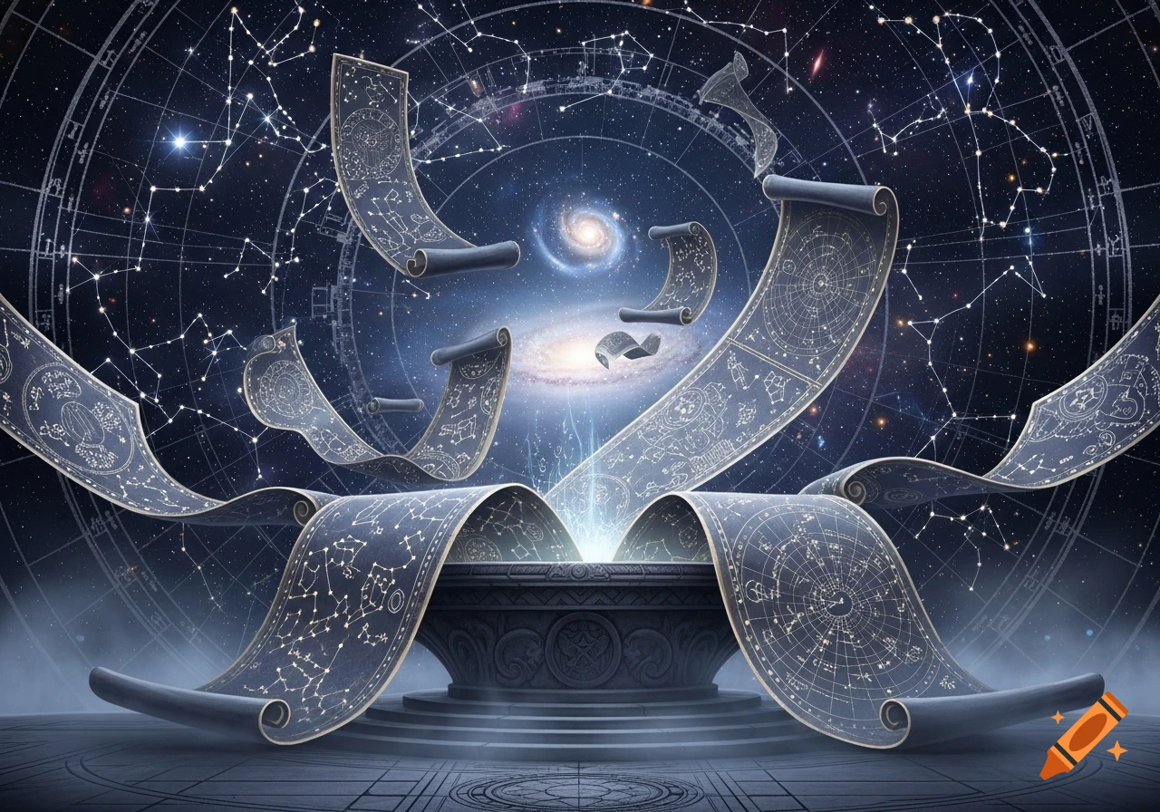 Winding scrolls with constellations float around a glowing stone altar against a starry cosmic background with galaxies.