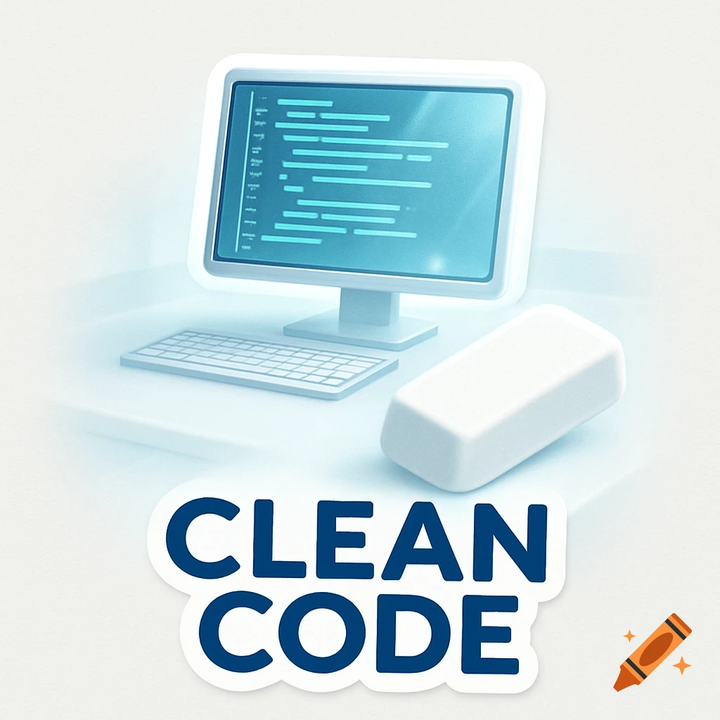 Stylized illustration of a computer with code, a keyboard, an eraser, and a 'CLEAN CODE' sticker.
