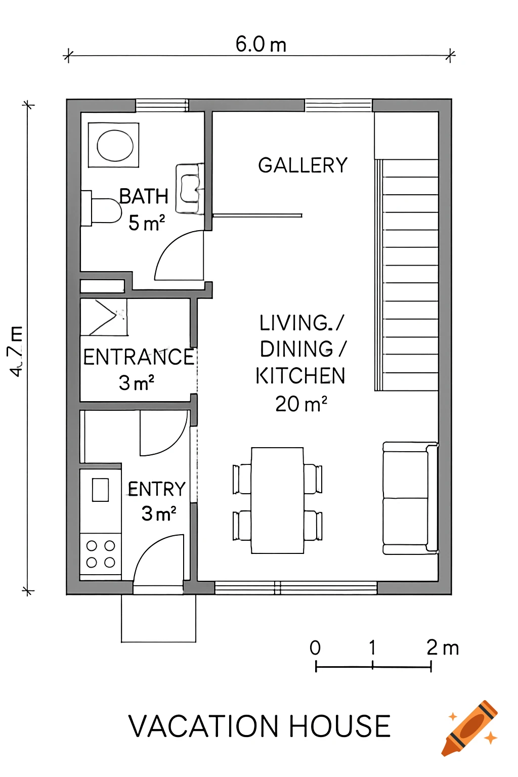 A 2D black-and-white architectural floor plan for a 6.0x4.7 m vacation house with rooms labeled Bath, Entrance, Entry, Gallery, and Living/Dining/Kitchen.