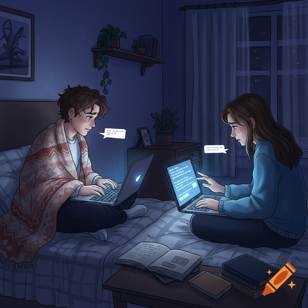 An illustrated scene of a boy and a girl on laptops in a dim bedroom at night, with chat bubbles above their heads.