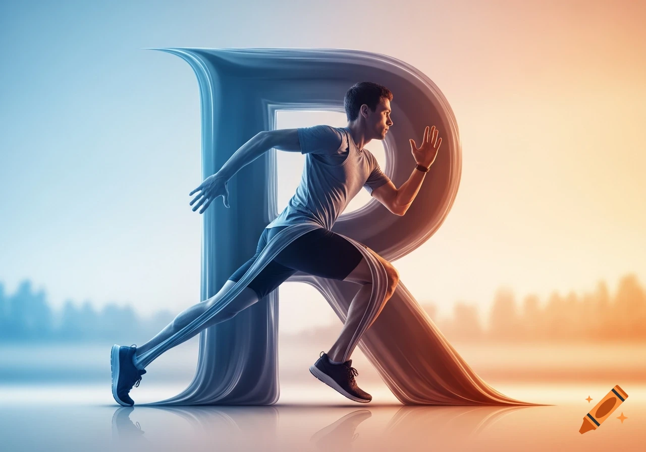 A male runner is depicted in a dynamic sprint pose, integrated seamlessly into a large, stylized letter 'R'. The background features a blue to orange gradient.