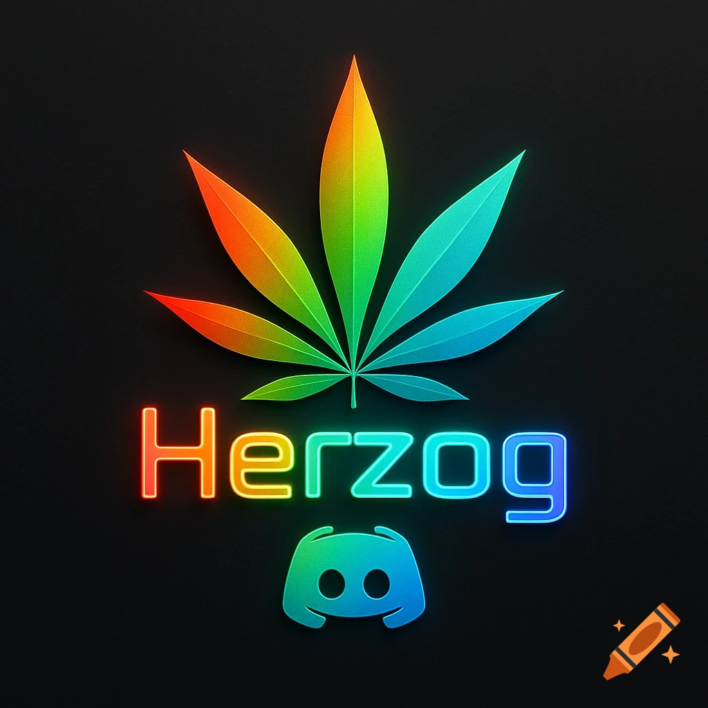 Rainbow cannabis leaf logo with neon 'Herzog' text and a Discord icon on a black background.