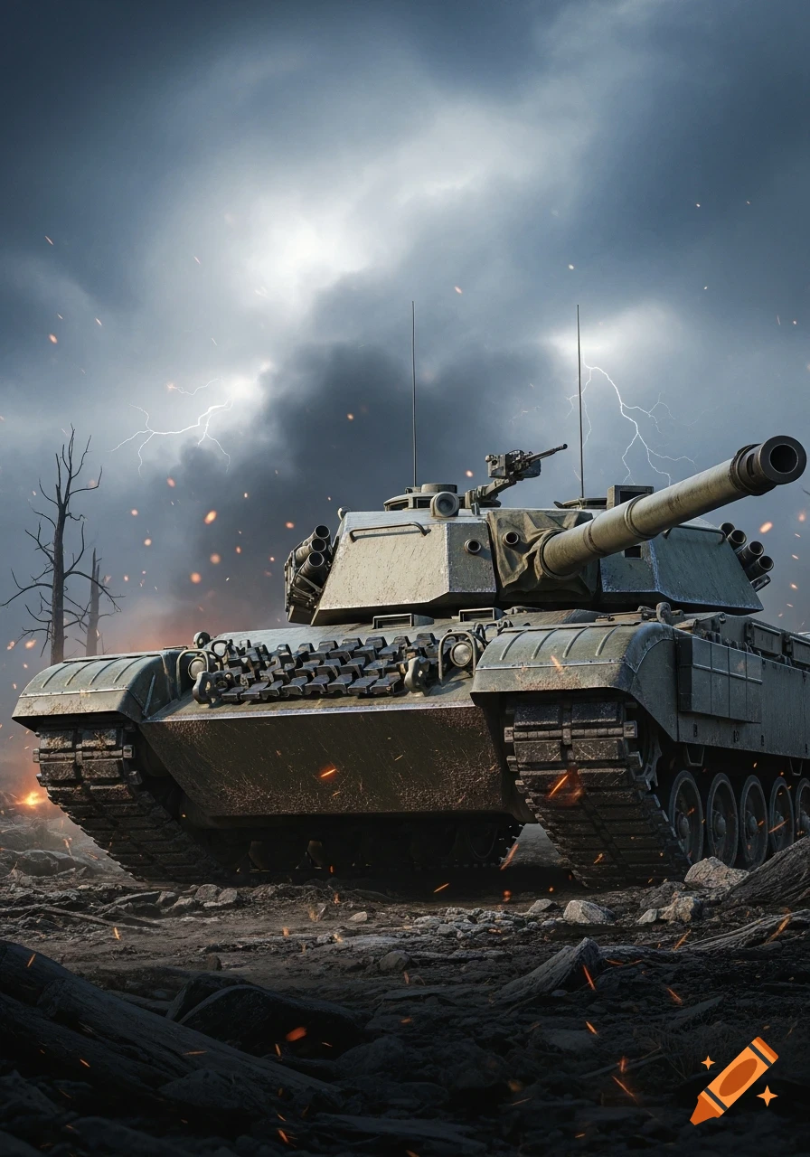 A detailed military tank stands on a rocky, desolate ground under a dark, stormy sky with lightning and flying embers.