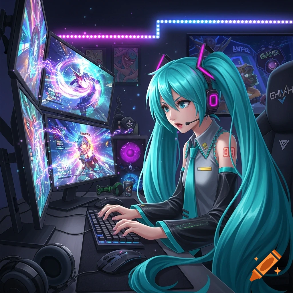 An anime girl, Hatsune Miku, with long teal pigtails and a headset, intensely playing a video game on multiple glowing screens in a dark room with neon lights.