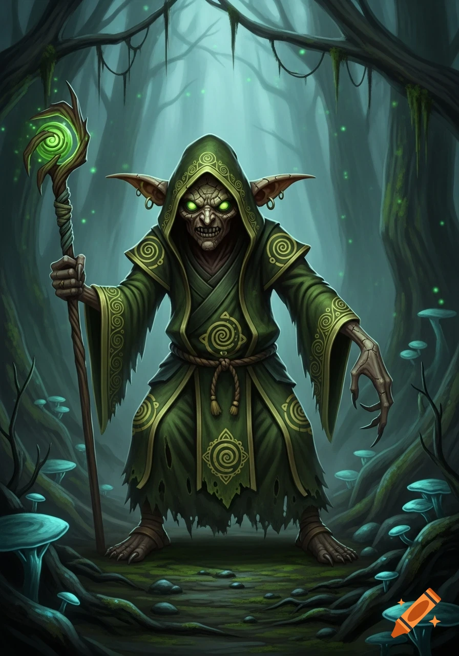 A menacing goblin in a green hooded robe with glowing eyes holds a glowing staff in a dark, mystical forest with glowing mushrooms.