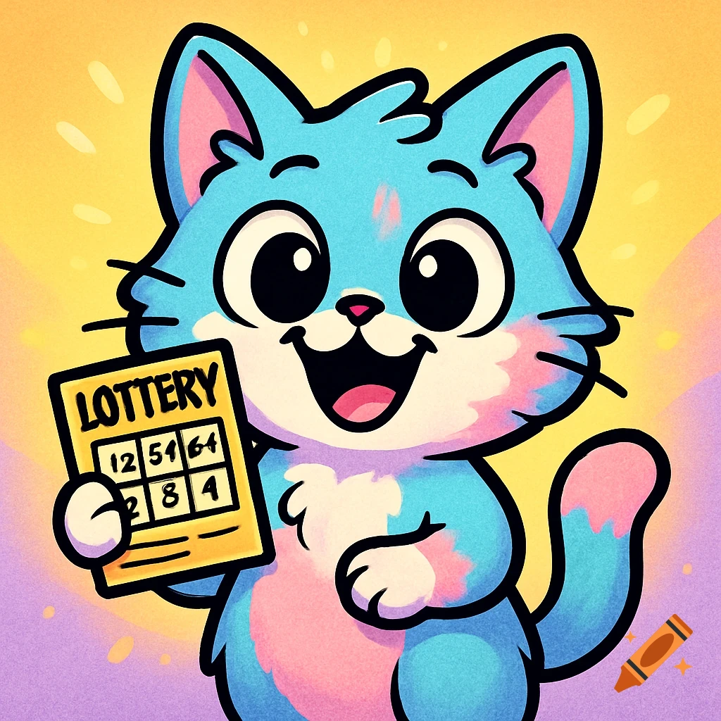 Cute cartoon blue and pink cat smiling, holding a yellow lottery ticket, against a bright sparkling background.
