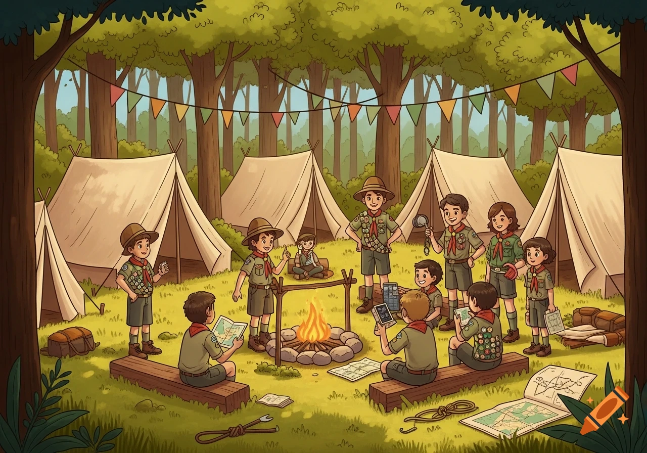 Cartoon illustration of a diverse group of scouts gathered around a campfire at a forest campsite with tents in the background.