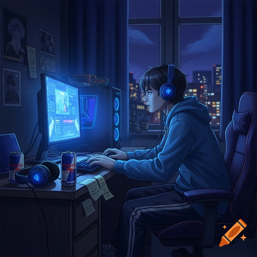 An anime-style illustration of a person playing computer games at a desk in a dimly lit room at night, with a city skyline visible outside the window.