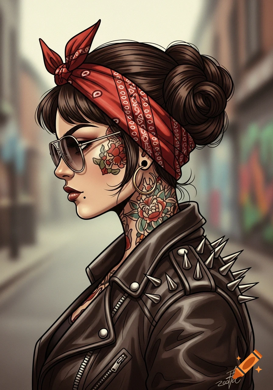 Stylized illustration of a girl in profile, wearing a red bandana, sunglasses, spiky leather jacket, and colorful traditional tattoos.
