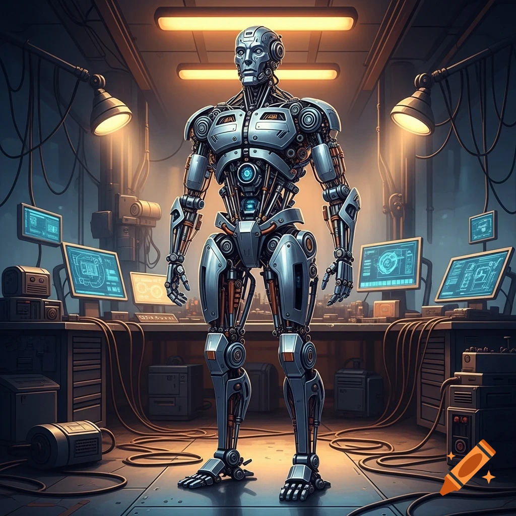 A detailed humanoid robot with exposed mechanical parts stands in a futuristic, industrial workshop with glowing computer screens and numerous wires.
