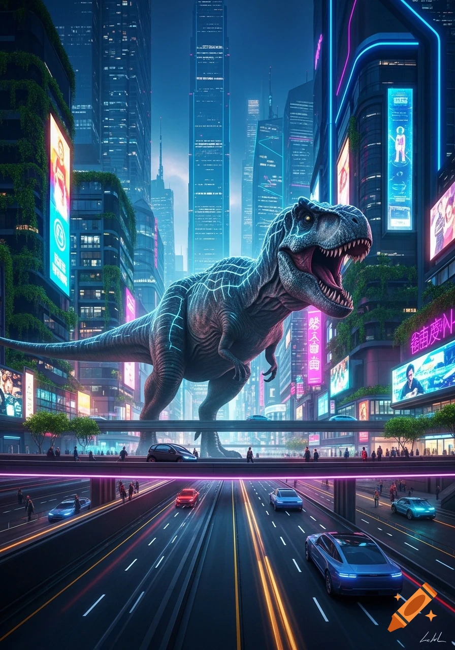 A giant T-Rex with glowing veins stands on an overpass in a neon-lit futuristic city with flying cars and tall skyscrapers.