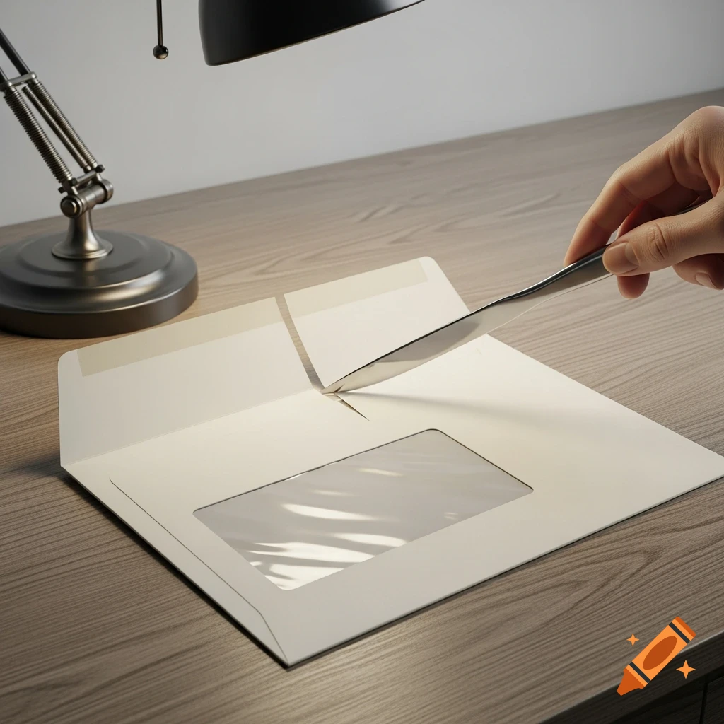 A hand uses a letter opener to slit open an A4 envelope with a window on a wooden desk, a desk lamp nearby.