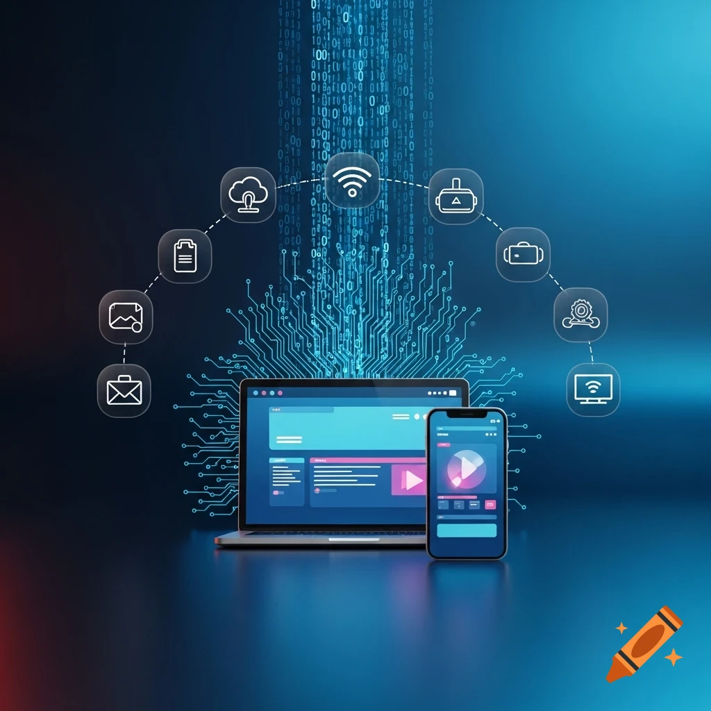 Laptop and smartphone surrounded by a circuit board pattern, binary code, and tech icons on a blue gradient background.