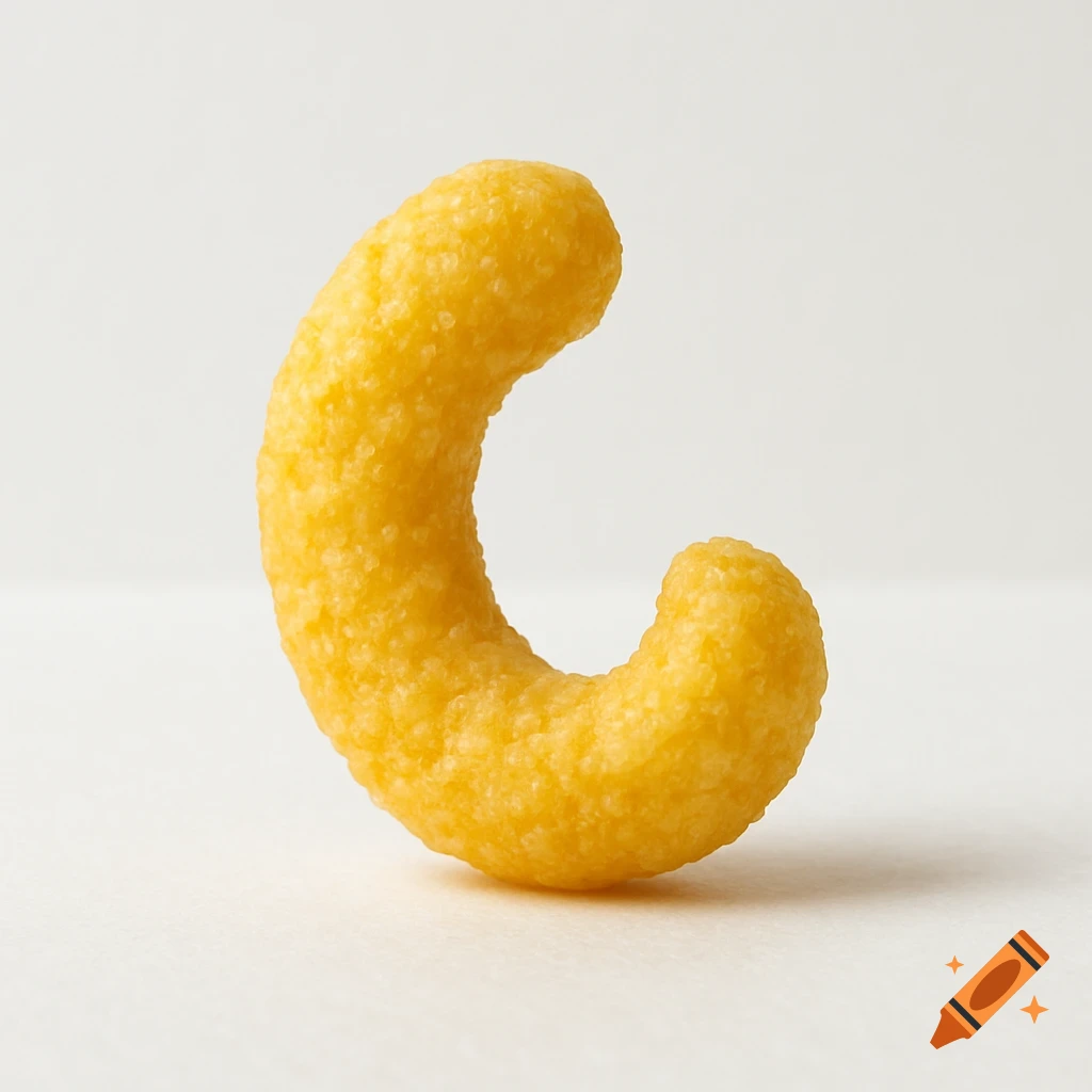 A single, bright yellow, C-shaped cheese puff stands upright on a white surface.