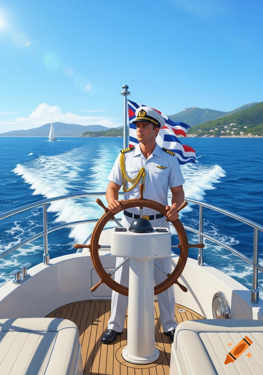 A male captain in uniform stands at the wooden helm of a white yacht, sailing on a sunny blue ocean with mountains in the background.