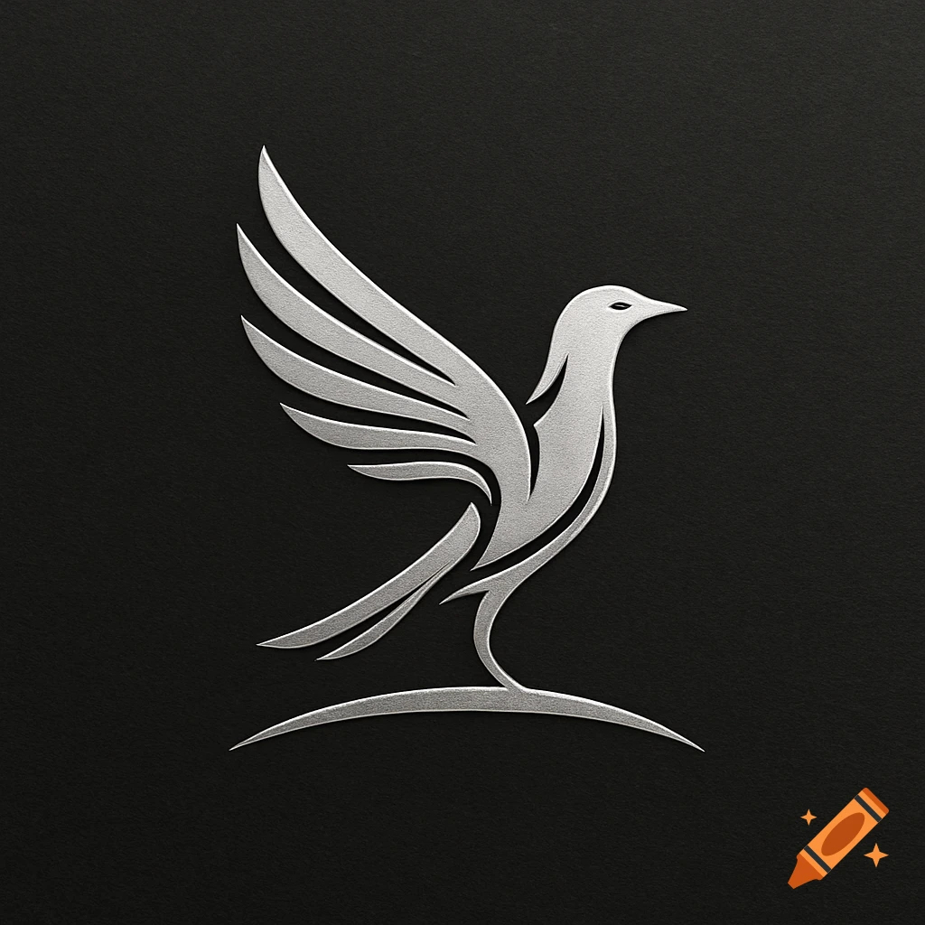 A metallic silver, stylized bird logo with outstretched wings on a dark gray, textured background.