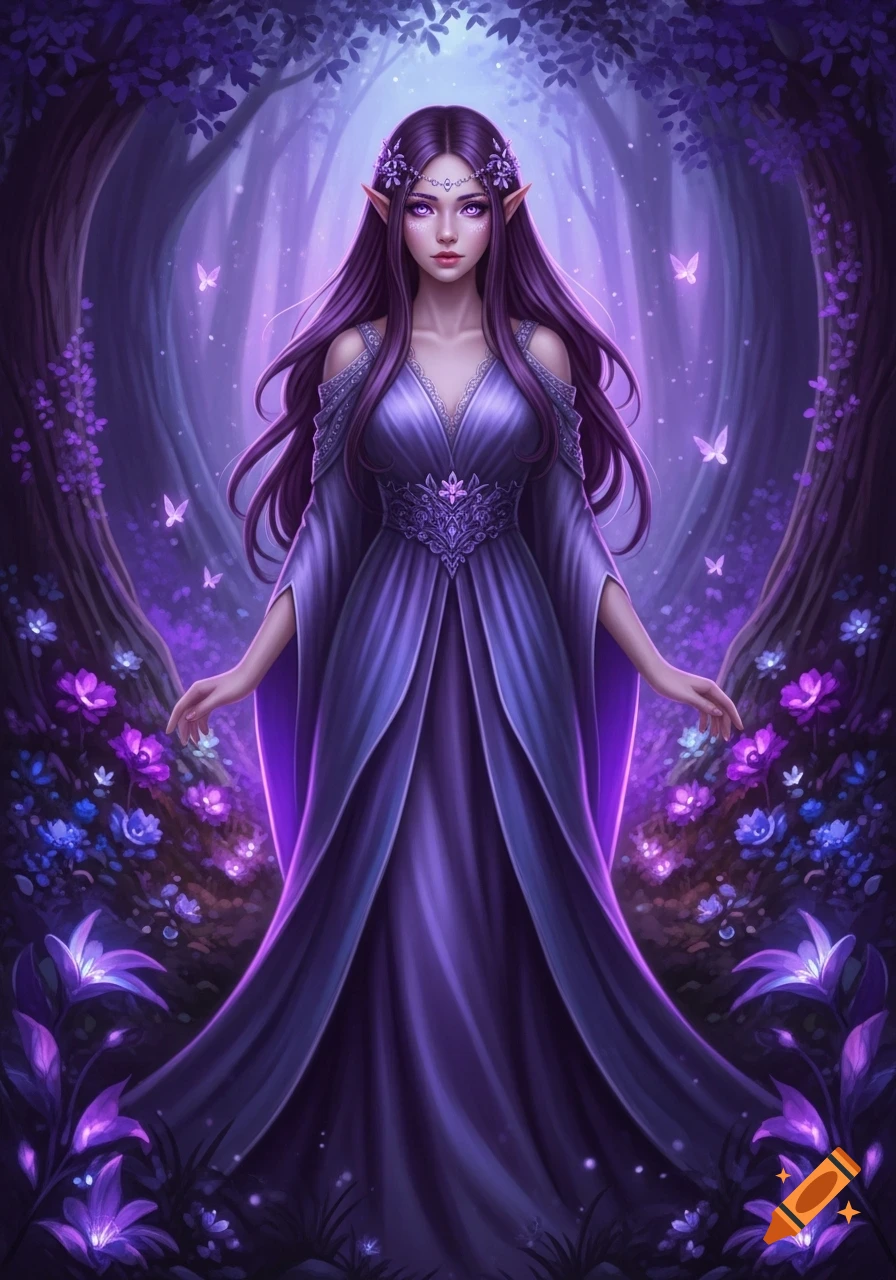 A fantasy digital painting of an elf girl with purple hair and eyes in a flowing purple dress, standing in a glowing purple forest with flowers and butterflies.