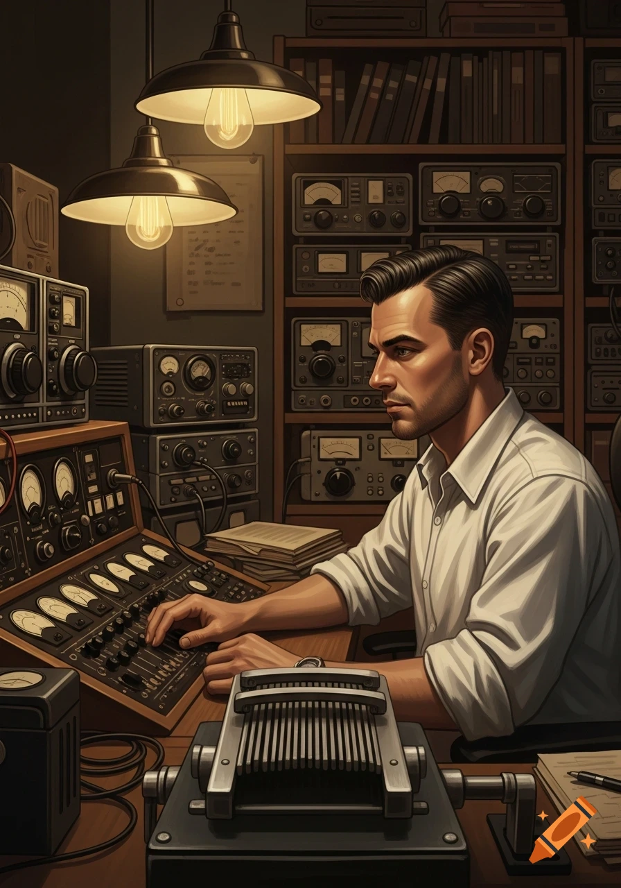 A man with neatly combed hair sits at a desk operating vintage radio equipment, illuminated by hanging lamps in a dimly lit room.