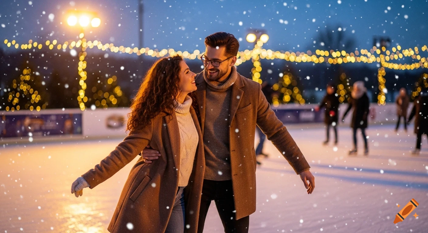 A couple smiling lovingly at an outdoor ice rink at twilight, surrounded by falling snow and golden fairy lights.