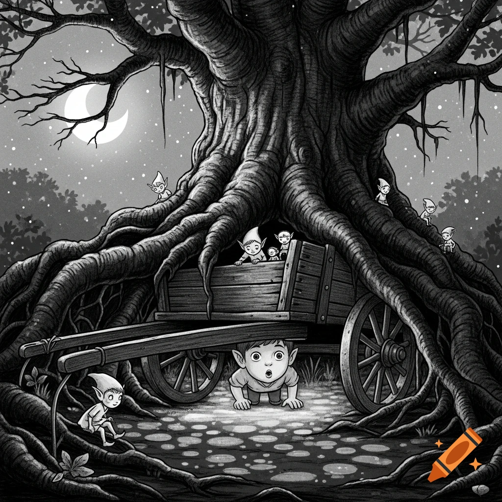 Black and white illustration of a child crawling under a cart with small elves hiding in a gnarled tree at night under a crescent moon.