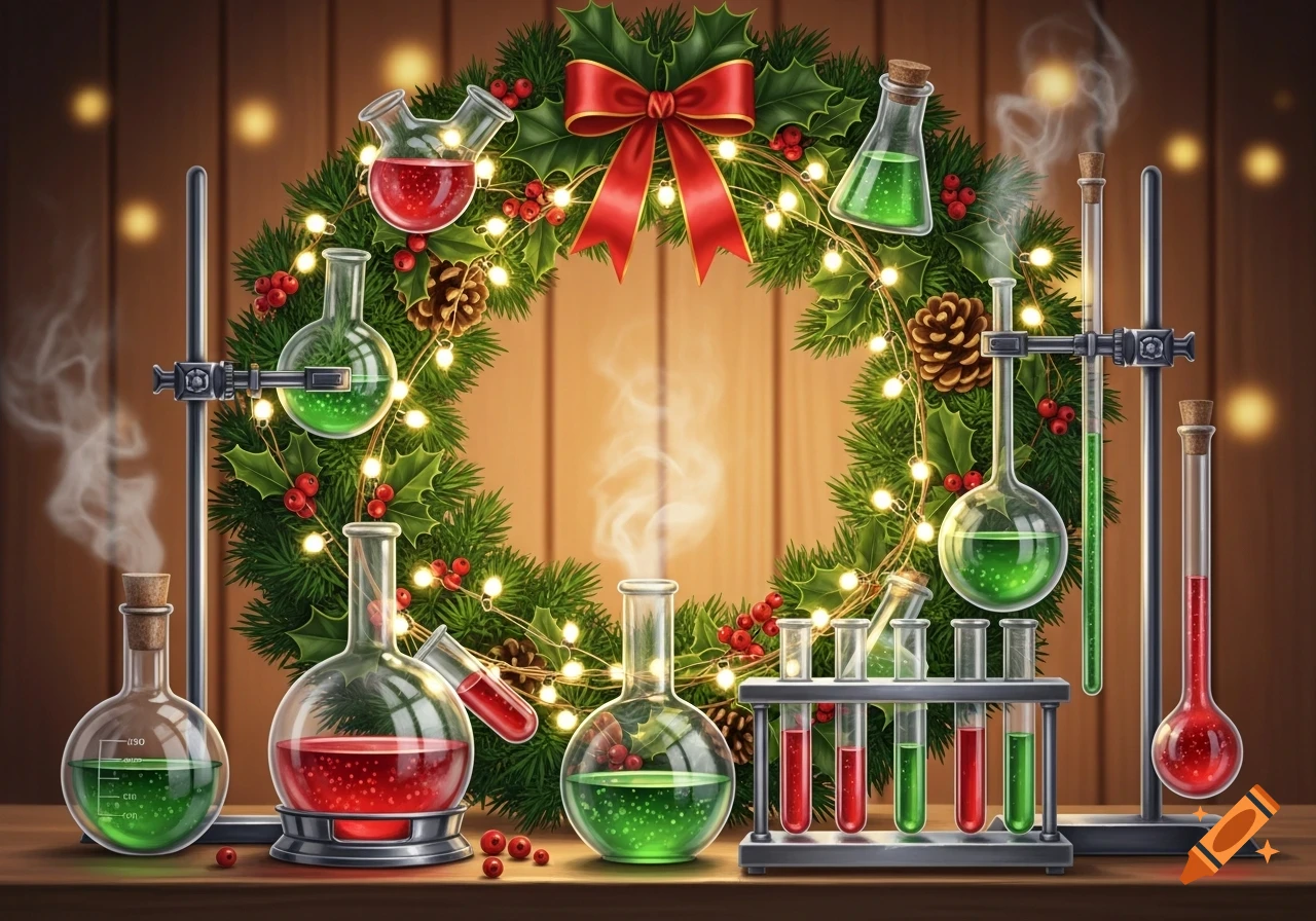 A festive Christmas wreath adorned with lights, surrounding various lab equipment filled with glowing red and green liquids.